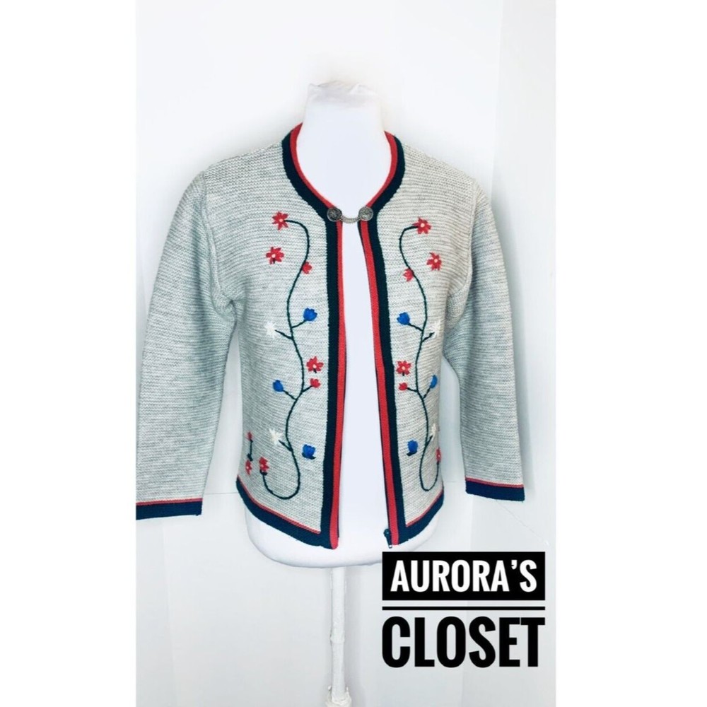 Isar Tracten M Gray Cardigan Sweater Wool Germany Floral Zip German 140